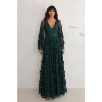 Maya Deluxe Women's Fully Embellished Frill Maxi Dres in Emerald | Size: 20
