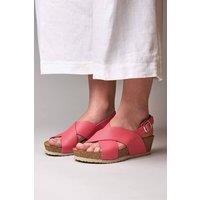 Moshulu Women's 'Harlyn' Leather Cross-Over Cork Wedge Sandals in Raspberry | Size: 6