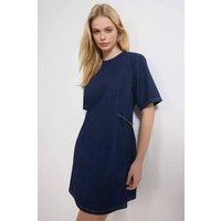 WOVCOR Women's Hardware Detail Puff Sleeve Cotton Denim Mini Shift Dress in Dark Blue | Size: 6