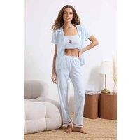 WOVCOR Women's 3-Piece Gingham Cherry Embroidered Cotton Pyjama Set in Blue | Size: Medium