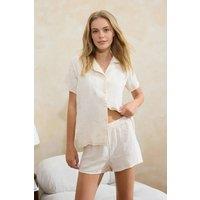 WOVCOR Women's Broderie Anglaise Cotton Muslin Short Sleeve Pyjama Short Set in Beige | Size: 8