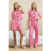 WOVCOR Women's Stripe Bow Front 3-Piece Short Sleeve Cotton Pyjama Set in Pink | Size: Small