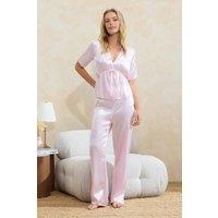 WOVCOR Women's Tie Front V Neck Short Sleeve Satin Wide Leg Pyjama Set in Pink | Size: 10