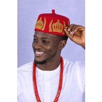 JTAPHRIQUE Men's Traditional Nigerian Wedding Hat For Men in Red | Size: 22 inches