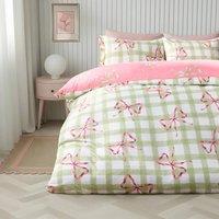 OHS Bow Gingham Bedding Set Microfibre Duvet Cover with Pillowcase | Size: Double