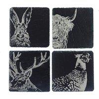 Selbrae House 4 Slate Coasters - Country Animals in Dark Grey