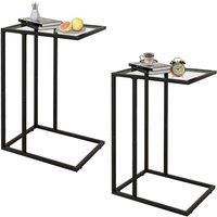 Huhote C Shaped End Side Table 2 Set Glass Top Metal Frame Couch Coffee Table in Black
