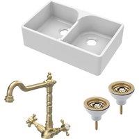 Balterley 2 Bowl Stepped Weir Butler Sink Wastes Tap Brushed Brass 795mm in White