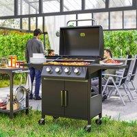 OUTSUNNY Gas Grill Portable BBQ Trolley w/ 4 Wheels & Side Shelves in Black