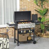 OUTSUNNY Gas Burner Grill, Propane Gas Barbecue BBQ Grill with Wheels, Warming Rack, Shelves, Thermometer, Bottle Opener, Black