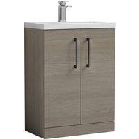 Balterley Bathroom Vanity Basin Unit, Black Handles, 600mm, Mid Oak in Brown
