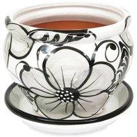 Verano Spanish Ceramics Grey Flowers Hand Painted Outdoor Garden Bola Pot & Drainage Plate (D) 25cm