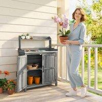 OUTSUNNY Wooden Potting Bench Table with Aluminium Worktop & Top Shelf in Grey