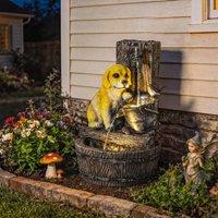 OUTSUNNY Garden Water Feature, Freestanding Water Fountain with LED Lights in Brown