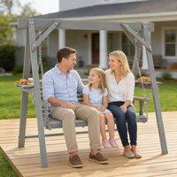 OUTSUNNY 3 Seater Wooden Garden Swing Chair with Side Tables, Dark Grey