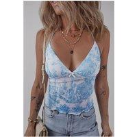 Everyday The Label Women's Sky Blue Random Printed Mesh Bow Detail Halterneck Tank Top in Pale Blue | Size: Large