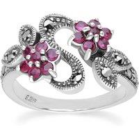 Gemondo Women's Art Nouveau Style Round Ruby & Marcasite Flower Ring in 925 Sterling Silver | Size: N