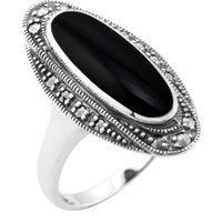 Gemondo Women's Art Deco Style Black Onyx Cabochon & Marcasite Ring in 925 Sterling Silver | Size: Small
