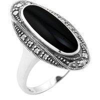 Gemondo Women's Art Deco Style Black Onyx Cabochon & Marcasite Ring in 925 Sterling Silver | Size: T