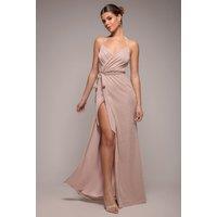 Goddiva Women's Wrap Style Spaghetti Strap Maxi With Split in Light Beige | Size: 10