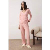 WOVCOR Women's Wrap Front Soft Touch Knitted Long Sleeve Pyjama Set in Rose | Size: Large