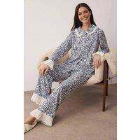 WOVCOR Women's Floral Viscose Woven Lace Trim Long Sleeve Pyjama Set in Navy | Size: 10