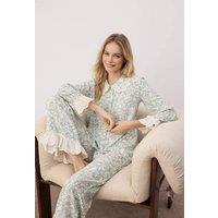 WOVCOR Women's Floral Viscose Woven Lace Trim Long Sleeve Pyjama Set in Green | Size: 14