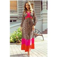 Everyday The Label Women's Brown Leopard Color Block V Neck Loose Fit Maxi Dress | Size: Large