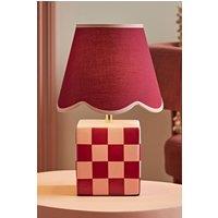 ValueLights Evie Ceramic Check Cube Table Lamp with Trim Linen Scallop Lamp Shade in Burgundy