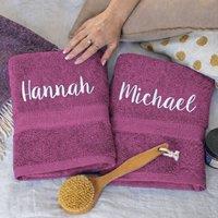 Duncan Stewart Personalised Bath Towel Set For Couples in Aubergine
