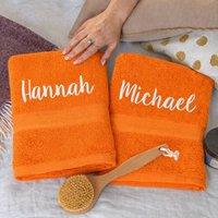 Duncan Stewart Personalised Bath Towel Set For Couples in Orange