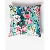 Homescapes Floral Peacock Pink & Green Filled Velvet Cushion 46 x 46 cm