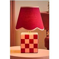 ValueLights Evie Check Cube Table Lamp with Trim Linen Scallop Lamp Shade & Bulb in Burgundy