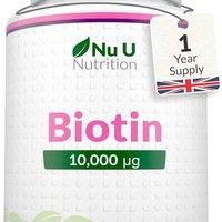 Nu U Nutrition Biotin 10, 000mcg - Hair, Skin & Nails Support, 365 Tablets in White