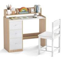 Costway Kids Study Desk & Chair Set Wooden Writing Desk w/Hutch & 3 Drawers in Natural