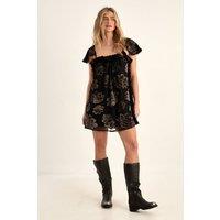 NastyGal Women's Devore Floral Cap Sleeve Lace Trim Floaty Mini Dress in Black | Size: 6