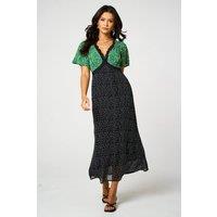 FS Collection Women's Floral Dot Print Lace Trim V-Neck Angel Sleeve Midi Dress | Size: XS