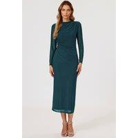 FS Collection Women's Ruched Mesh Long Sleeve Midi Dress in Teal | Size: Small