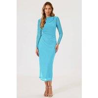 FS Collection Women's Ruched Mesh Long Sleeve Midi Dress in Aqua | Size: Medium