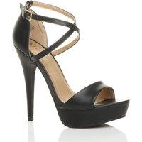 AJVANI Women's High Heel Crossed Straps Platform Faux Leather 2 Part Heels in Black | Size: 5