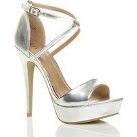 AJVANI Women's High Heel Crossed Straps Platform Faux Leather 2 Part Heels in Silver | Size: 4