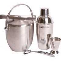 BarCraft 4pc Barware Set including Stainless Steel Ice Bucket with Tongs, Jigger, Bottle Opener & Cocktail Shaker in Silver