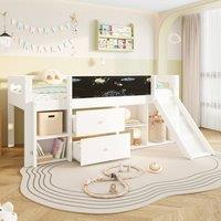 Matteo 3ft Single White Wooden Mid Sleeper Cabin Bed with Slide & Blackboard