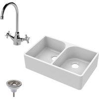 Balterley Fireclay 2 Bowl Full Weir Butler Sink Tap Waste Bundle 795mm in White