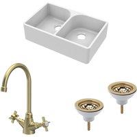 Balterley Fireclay 2 Bowl Full Weir Butler Sink Wastes Tap Brushed Brass 795mm in White
