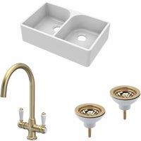 Balterley Fireclay 2 Bowl Full Weir Butler SinkWastes Tap Brushed Brass 795mm in White