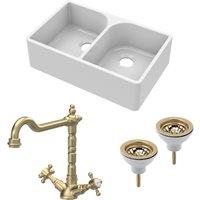Balterley Fireclay 2 Bowl Full Weir Butler Sink Wastes Tap Brushed Brass 795mm in White