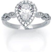 Jewelco London Women's Silver Pear CZ Shoulder-set Halo Solitaire Engagement Ring | Size: O