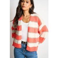 Sarta Women's Glitter Striped Italian Wool Blend Cardigan in Coral/Cream in Coral