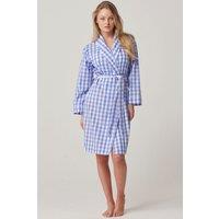 British Boxers Women's "Schoolhouse Blue" Gingham Crisp Cotton Mid-Length Dressing Gown in Light Blue | Size: Large